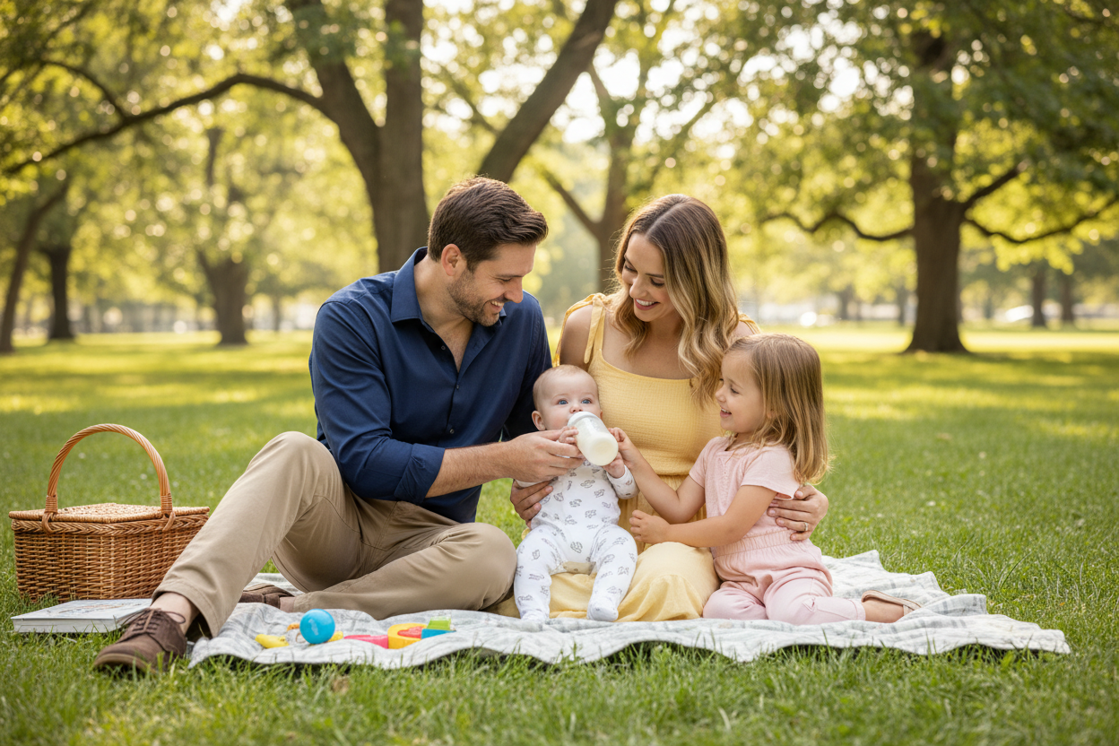 uma-familia-com-um-bebe-em-que-ele-bebe-leite-e-estao-todos-vestidos-com-cores-amarelo-navy-blus-e-rosa-estao-em-familia-num-parque